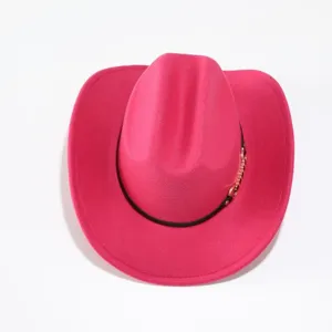 Pink felt cowboy hat with wide upturned brim, black band and stylish metal chain detail.