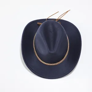 Navy blue western cowboy hat detail fedora jazz hat with brown braided leather chain accessory