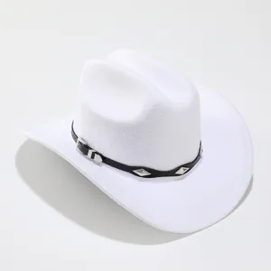 Cappello da cowboy in feltro bianco per uomo donna, cappello da jazz classico con cintura nera.