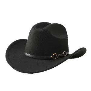Classic black western cowboy felt hat with metal chain detail, wide upturned brim fedora.