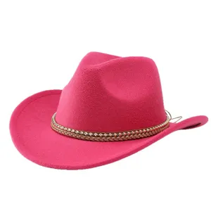 Pink western cowboy hat for men and women, vintage felt fedora jazz hat with rhinestone chain.