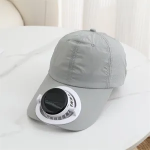 Detailed view of solar powered cooling fan baseball cap with breathable mesh fabric for summer.