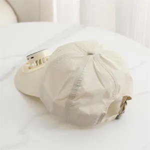 Summer outdoor sun visor cap detail view, breathable mesh fabric with built-in fan.