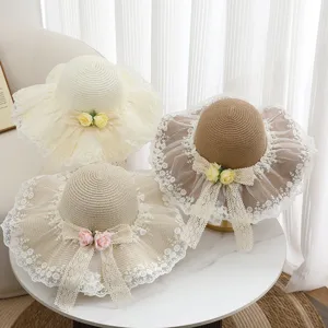 Damen Sommer Strand Strohhut spitze blumen sonnenhut breite krempe urlaub sonnenhut