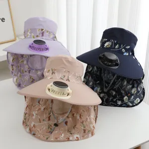 Women summer sun protection hat with solar fan wide brim floral anti UV outdoor cap