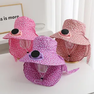 Summer sun protection hat with solar fan floral print face cover cap outdoor wear