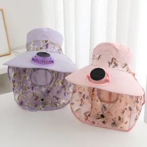 Women Summer Sun Hat UV Protection Large Brim Solar Fan Printed Neck Flap Face Cover Acrylic Outdoor Cycling Visor Cap