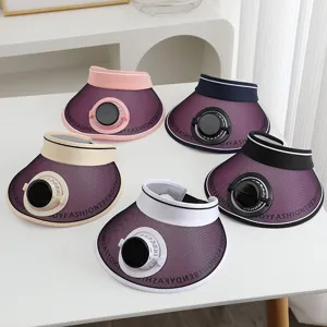 Dames Zonneklep Hoed Met Zonne Energie USB Oplaadbaar Ventilator Letter Print Brede Rand Open Top Strand Anti UV Zonnescherm Bescherming Hoed