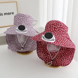 Women Floral Print Sun Protection Hat With Solar Powered USB Cooling Fan Wide Brim Full Face Neck Cover Outdoor Gardening Cycling Tea Picking Hat