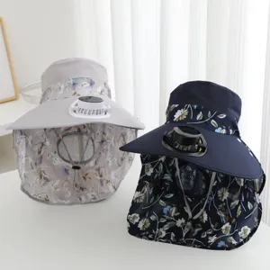 Women summer sun hat large brim solar fan cooling anti-uv face cover floral tea picking cap