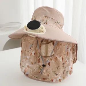 Detailed view of floral print sun hat showcasing solar powered cooling fan and face flap.