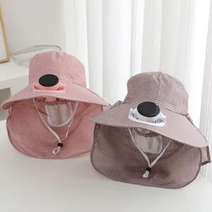 Detail view of striped sun hat with solar fan and face flap for outdoor summer protection.
