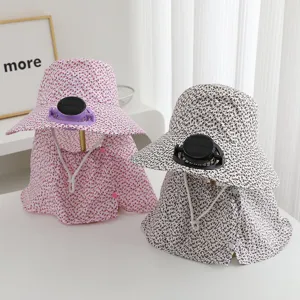 Floral sun hat with solar powered fan neck flap UV protection for outdoor gardening cap