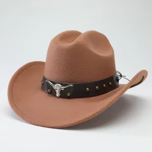 Wool felt western cowboy hat with leather band and metal bull skull, vintage fedora.