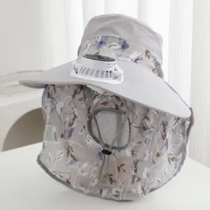Women summer sun protection hat with solar fan cooling wide brim UV resistant outdoor cap