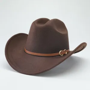 Vista dettagliata del cappello da cowboy western marrone scuro con cinturino in pelle