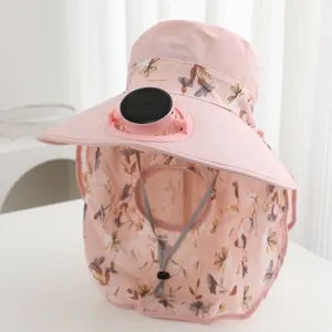 Detailed view of women summer sun hat with solar powered fan and wide face cover UV protection