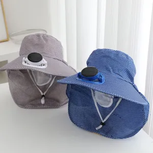 Women Striped Wide Brim Sun Hat With Solar Powered Cooling Fan Outdoor Cycling Sun Protection Neck Flap Shield Face Cover Hat