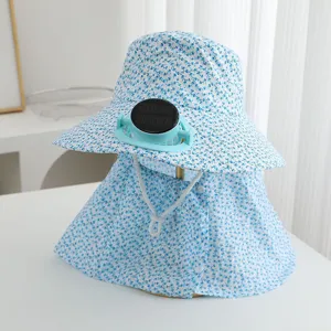 Solar powered fan sun hat with neck flap blue floral print outdoor anti UV sunshade cap detail