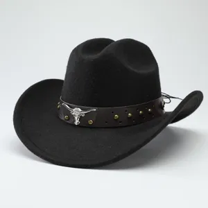 Black wool felt western cowboy hat with leather band metal studs and bull skull emblem vintage