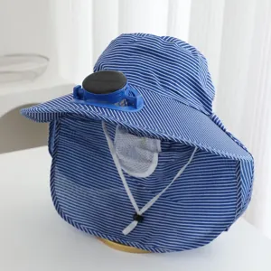 Women's sun protection hat with solar fan and striped shawl face cover for outdoor riding.