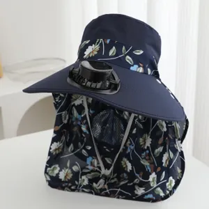 Women summer sun hat with wide brim face flap and solar powered fan for UV protection outdoor use