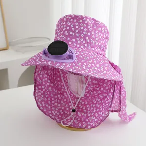Women's sun hat with solar fan floral print wide brim face neck cover outdoor summer UV protection
