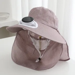 Women outdoor sun protection hat with solar powered fan and neck flap striped UV block cap