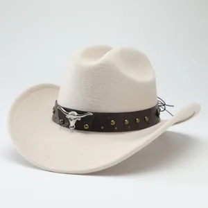 White felt cowboy hat with brown leather band, silver longhorn bull skull and metal studs detail.