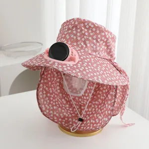 Solar powered fan sun hat for women, floral print wide brim hat with face cover and neck flap.