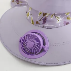 Summer anti-UV sun hat with portable mini electric fan and floral ribbon decoration detail