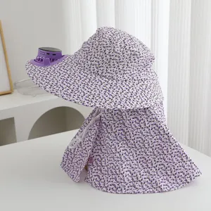 Solar fan sun protection hat with neck flap, floral anti-uv cap for outdoor farm work.