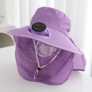Solar powered fan sun hat for women, striped outdoor sunshade hat with face cover and shawl.