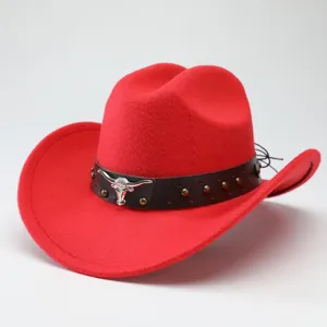 Vintage Western Cowboy Hat For Men Women Polyester Felt Fedora Hat With Metal Bull Head Badge Leather Hat Band Wide Brim Curved Equestrian Cap Hat