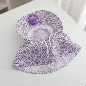 Women uv protection sun hat with solar charging fan floral print outdoor cooling cap