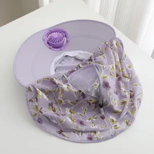 Close-up detail of women's summer sun hat featuring built-in cooling fan and floral neck flap.