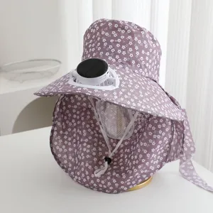 Detail view of the purple floral sun hat featuring a built-in solar fan and neck flap.
