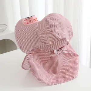 Pink striped sun protection hat with built-in solar fan and neck flap for outdoor summer.