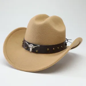 Vintage western cowboy felt hat with bull skull metal decor, classic khaki rolled brim cap.