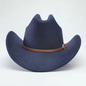 Cappello da cowboy western classico in feltro blu scuro con cinturino in pelle marrone elegante.