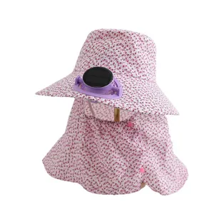 Women's sun protection hat with solar powered fan and shawl, anti-UV floral outdoor fishing hat.