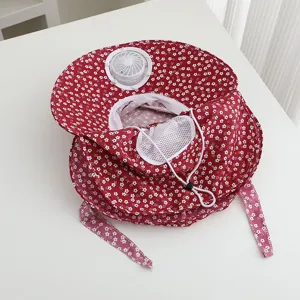 Women summer floral sun hat with built-in fan UV protection tea picking cap breathable mesh