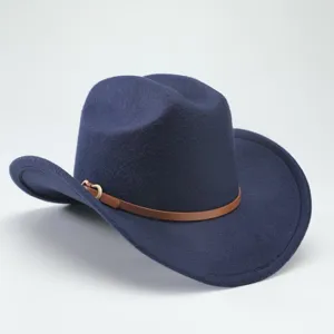 Classico cappello da cowboy western blu navy con cinturino in pelle marrone e fibbia metallica.