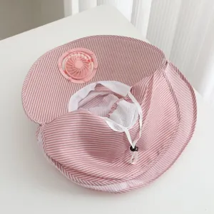 Women outdoor sun protection hat with solar fan striped breathable mesh shawl sunshade cap