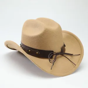 Detailed view of the vintage felt western cowboy hat featuring decorative leather band.