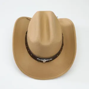 Detailed view of the western cowboy felt hat featuring bull skull emblem and brown leather band.
