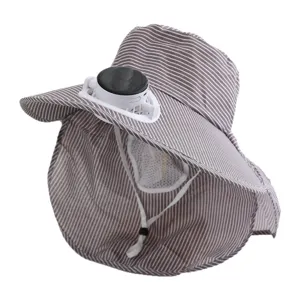Women solar fan sun hat striped outdoor uv protection wide brim hat with neck flap