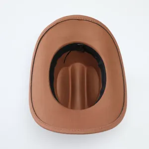 Brown wool felt jazz cowboy hat interior detail view, classic unisex fedora winter hat for men women.