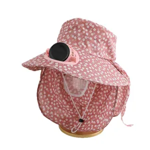 Women's anti-UV sun hat with solar fan, face shield and neck flap for outdoor farm work.