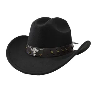 Black western cowboy hat with bull skull emblem rivets wool felt vintage equestrian hat main view